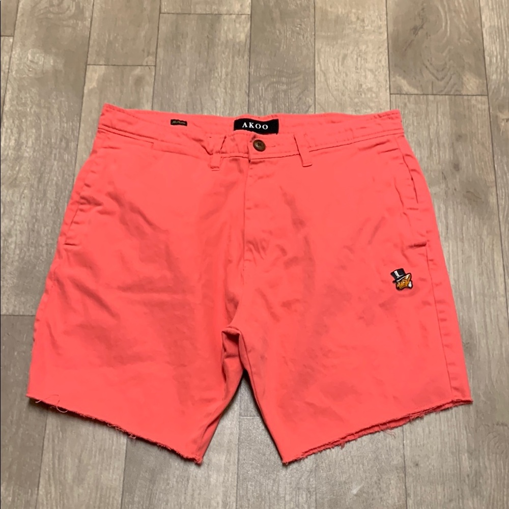 Mens AKOO Standard Fit Pink‎ Flat Front Casual Frayed Hem Chino Shorts